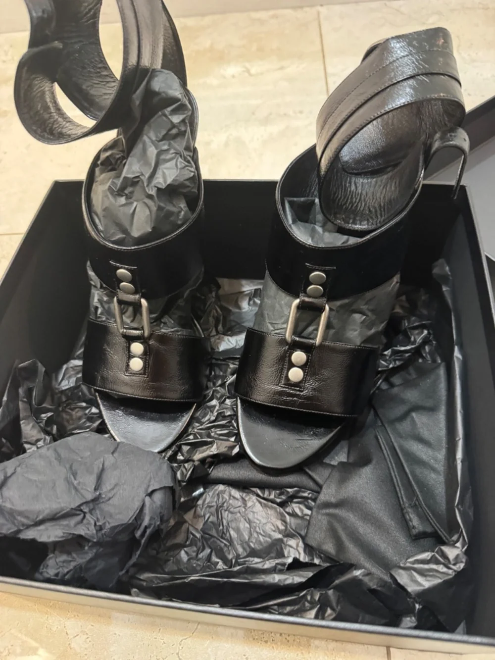 Saint Laurent Paris Black Leather Ankle Strap Stiletto Heels
